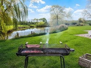 a grill sitting in the grass next to a river at La Ferme de Beauvoorde - 13 personnes in Steenvoorde
