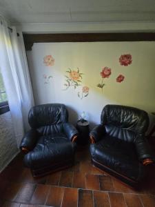 two leather chairs in a room with flowers on the wall at la roussette in Prats-de-Mollo-la-Preste