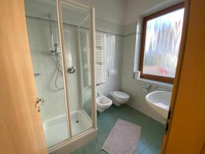 a bathroom with a shower and a toilet and a sink at Saskia Apartments in Ortisei +19 photos
