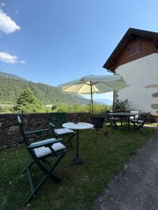 a table and chairs and an umbrella in the grass at Cjasa da Puci in Ovaro