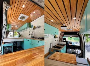 two pictures of a kitchen in an rv at Campervan's Algarve in Albufeira