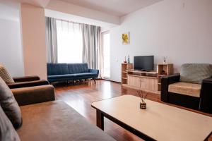 a living room with a couch and a tv at Summerland Lake View Apartament in Mamaia
