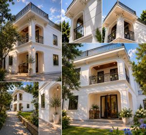 a collage of photos of a white house at SaPa PAPA - Architect's Hidden Sanctuary - Only 4 rooms hidden in a secret botanical garden - 3 minutes from Sapa Station - Privacy & Privilege for stylish insiders in Sapa
