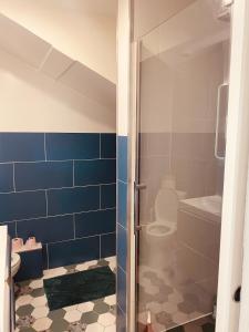 a bathroom with a shower with a toilet and blue tiles at Cap d'Equih' in Équihen-Plage +7 photos