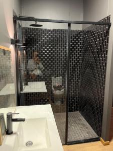 a bathroom with a shower with a sink and a toilet at Croxley Farm in Robertson +45 photos