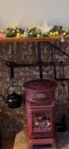 a brick wall with a pink stove in a room at Chambers Cottage in Drumellihy