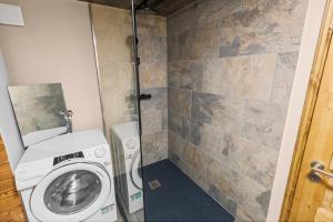 a washer and dryer in a small bathroom at Studio chaleureux au coeur d'un chalet alpin in Zinal +9 photos