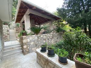 a patio with potted plants and a stone wall at Stone Villa in Bečići