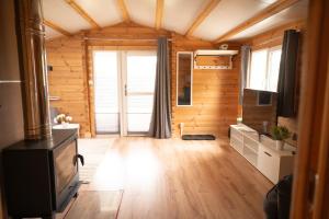 a living room with a tv and wooden walls at Ferienhaus Wasserläufer Bellin in Ueckermünde