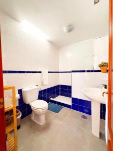 a blue and white bathroom with a toilet and a sink at La Duquesita - Ideal para escapada en pareja in Arcos de la Frontera +21 photos