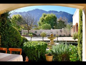 a garden with a fountain in the middle of it at Petit Plaisir Cottage in Franschhoek