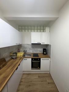 a small kitchen with white cabinets and a sink at Tauplitz Apartment in Tauplitz