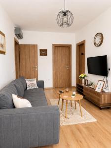 a living room with a gray couch and a table at Little Vine House in Mostar