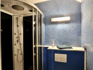 a bathroom with a shower and a blue tiled wall at Baronheid in Francorchamps +32 photos