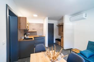 a kitchen and a living room with a couch and a table at Vila Trta in Moravske-Toplice +156 photos
