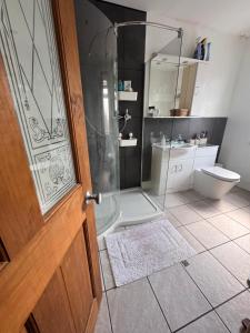 a bathroom with a shower and a toilet and a door at Cosy double room close to coastal path routes in Barnstaple