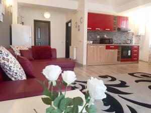 uma sala de estar com um sofá vermelho e uma cozinha em Apartament Fundeni em Bucareste