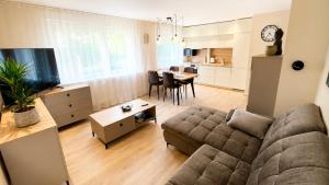 a living room with a couch and a table at Apartamentai Tarp 7 Ežerų in Zarasai