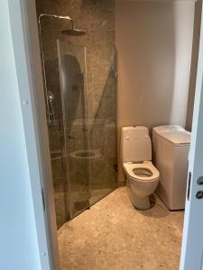 a bathroom with a toilet and a glass shower at Studio Sleeps 2 Sollentuna centre in Sollentuna
