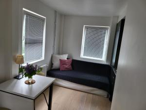 a small room with a couch and two windows at Studio Sleeps 2 Sollentuna centre in Sollentuna +3 photos