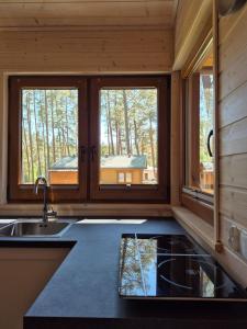 a kitchen with two windows and a sink at Pine House Domek 22 in Borsk