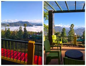 zwei Bilder von einem Balkon mit Bergblick in der Unterkunft Lal Bangla Homestay in Chaukori