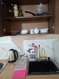 a kitchen counter with a sink with utensils at Shorena apartments in Tbilisi City