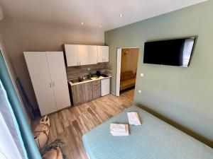 a small room with a bed and a kitchen at AVLI Sarti Studios & Apartments no2 in Sarti