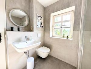 a bathroom with a sink and a toilet and a mirror at II Bramasole - Sophia L in Spreewitz +19 photos