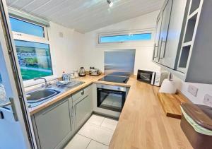 a small kitchen with a sink and a microwave at Elmrise View in Llanstephan
