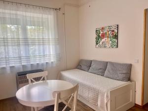a small room with a bed and a table at Borika Vip Apartments in Mezőkövesd