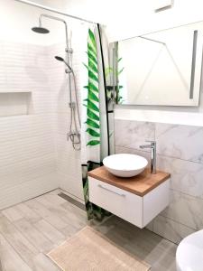a bathroom with a sink and a shower at Borika Vip Apartments in Mezőkövesd +27 photos
