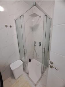 a shower with a glass door in a bathroom at Apartman Sunce in Posušje