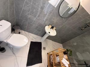 a bathroom with a toilet and a sink and a mirror at Beachfront Studio with Panoramic Sea View 2 in Ialysos +22 photos