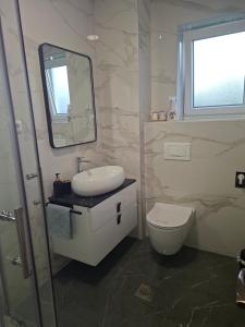 a bathroom with a toilet and a sink and a mirror at Apartman Martina in Gospić