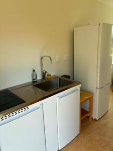 a kitchen with a sink and a refrigerator at Tofta Strand Bed & Breakfast Familjerum in Visborgsslätt