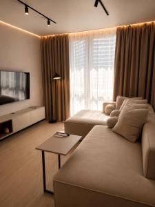a living room with a couch and a tv at Great Apart - Вид на Дніпро - 6 поверх - укриття на території ЖК in Kyiv