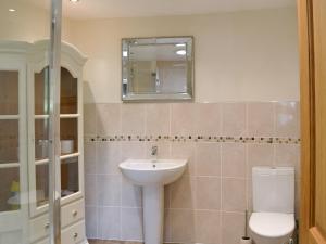 a bathroom with a sink and a toilet and a mirror at Boothby Cottage in Willoughby