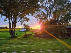 a sunset in a yard with a tree and a house at Elm Barn View in Freethorpe