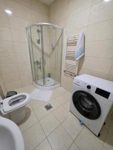a bathroom with a shower and a washing machine at Apartment 2 Plisi Gjilan in Gnjilane +23 photos