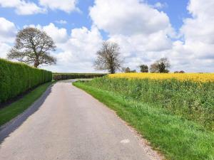 a dirt road next to a field of yellow flowers at Plum Cottage in Anderby +2 photos
