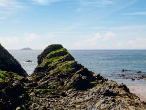 a rock wall with grass on it next to the ocean at Watersreach in Collieston