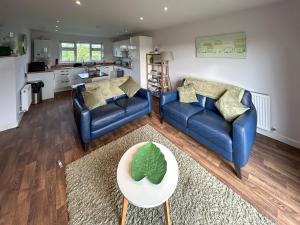 a living room with two blue couches and a table at Fern Lodge - Uk51604 in Peel