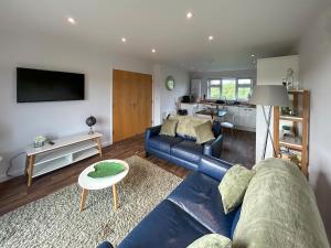 a living room with a blue couch and a table at Fern Lodge - Uk51604 in Peel