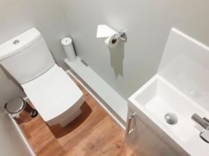a bathroom with a white toilet and a sink at Beach Cottage in Benllech