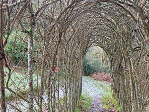 an archway in a forest with trees and a path at Spruce Cottage in Tywardreath