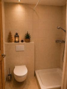 a bathroom with a toilet and a bath tub at Chalet Nunavut, Ski in - Ski out with Complimentary Spa Access in Zermatt