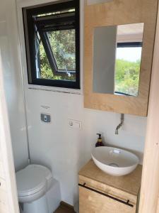 a small bathroom with a sink and a mirror at BONIS - Nidi nel Bosco in Montemaggiore