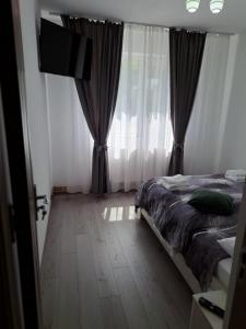 a bedroom with a bed and a window with curtains at Montain apartament in Brezoi