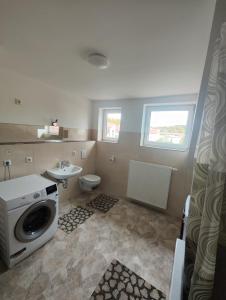 a bathroom with a washing machine and a sink at Revant Monteurzimmer Haus in Arnstadt